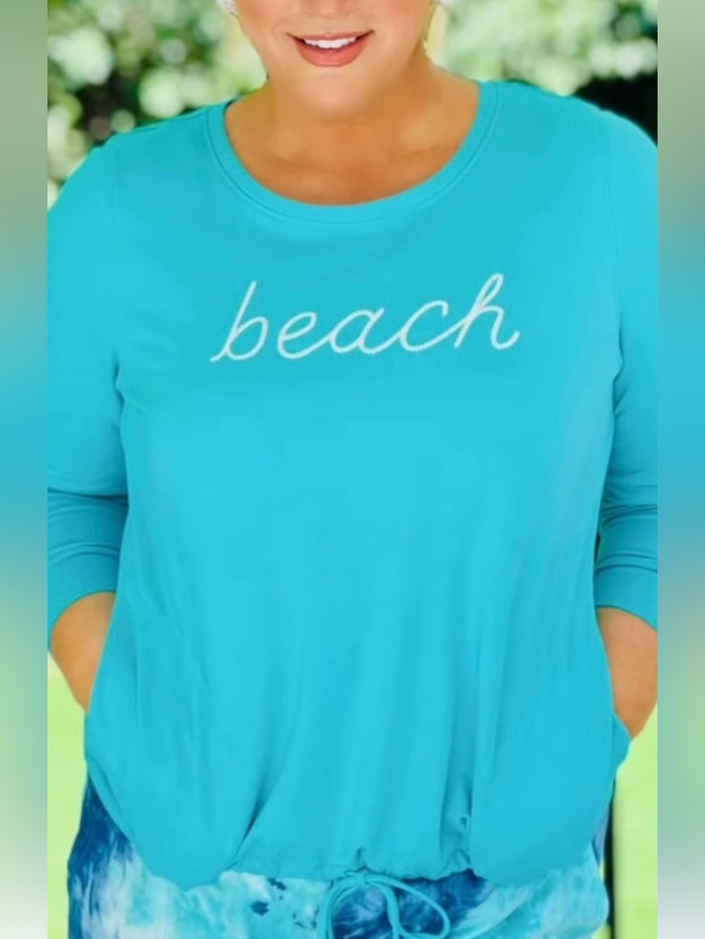 Belle by Kim Gravel Turquoise 'Beach' Graphic Tie-Hem Long Sleeve Top Size Small